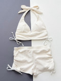 White Ribbed Halter Drawstring Two Pieces Swimwear