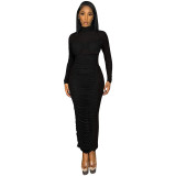 Sexy Fashion Long Sleeve Ruched See Through Maxi Dress