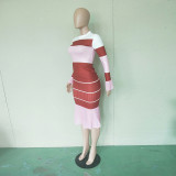 Striped Chiffon Patchwork Long Sleeve Flare Sleeve Top + Pants 2PCS Set