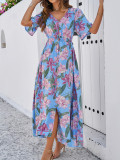 Resort Casual Half Sleeve V-Neck Printed Split Maxi Dress