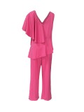 Hot Pink One Shoulder Irregular Ruffle Top and Pants Plus Size Two-piece Set