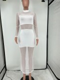 Sexy Solid Mesh Patchwork Long Sleeve Bodycon Maxi Dress