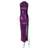 Sexy Shiny High Slit Ruched Sleeveless Maxi Dress