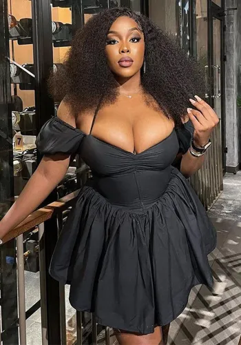 Black Halter Neck Chic Off Shoulder Puff Sleeve Party Dress