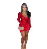 Sexy 2-piece Set Solid Deep V-Neck Long Sleeve Top and Skirt Set