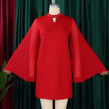 Chic Fashion Pleated Bell Bottom Sleeve Rhinestone Loose Short Dress