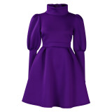 Solid High Neck Long Sleeve A-Line Party Dress