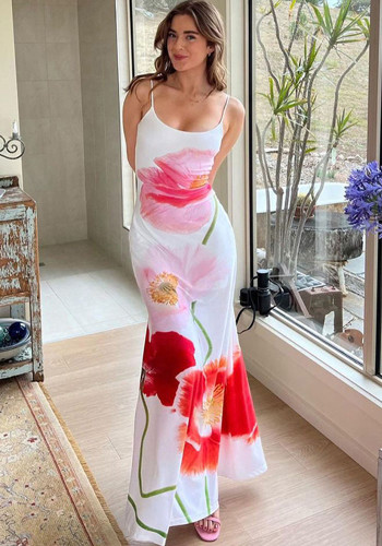 Floral Print Backless Cami Sexy Long Skirt Beach Dress for Women