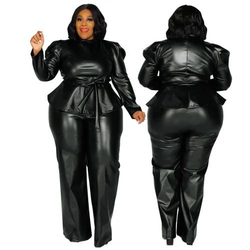 Plus Size Black PU Leather Long Sleeve Tie Waist Top Pants Set