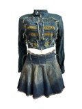 Stylish Embroidered Applique Denim Jacket Pleated Skirt 2PCS Set