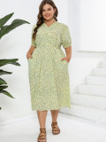 Plus Size Printed Floral V-Neck Short Sleeve Casual Dress with Belt