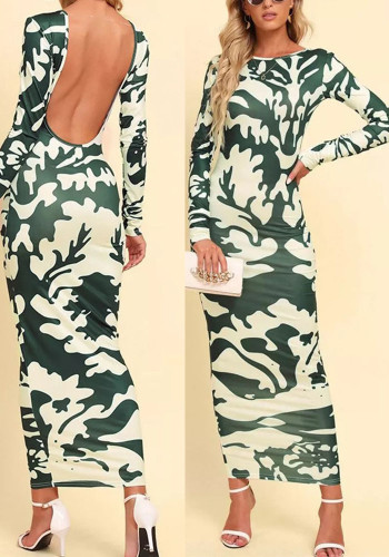 Printed Backless Long Sleeve Bodycon Maxi Dress