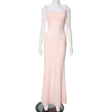 Sexy Pink Sleeveless Lace-Up Straps Slim Fit Mermaid Maxi Dress