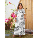 Plus Size Loose Printed Short Sleeve Casual Long Dress