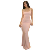 Sexy Pink Sleeveless Lace-Up Straps Slim Fit Mermaid Maxi Dress