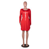 Red Letter Print Loose Plus Size Lace Up Long Sleeve Casual Dress