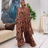 Sexy Printed Cape Sleeveless Top Wide-Leg Loose Pants 2 Piece Set