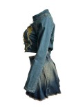 Stylish Embroidered Applique Denim Jacket Pleated Skirt 2PCS Set