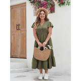 Plus Size Army Green V Neck Ruffle Sleeve Casual Loose Long Dress