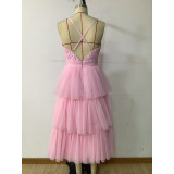 Pink Patchwork Mesh Puffy Straps Layered Ruffles Dress