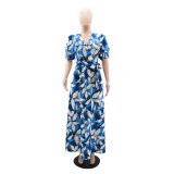 Puff Sleeve Leaf Print V-Neck Casual High Waist Maxi Dress