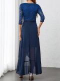 Lace Patchwork Half-Sleeve V-Neck Ruffles Chiffon Dress