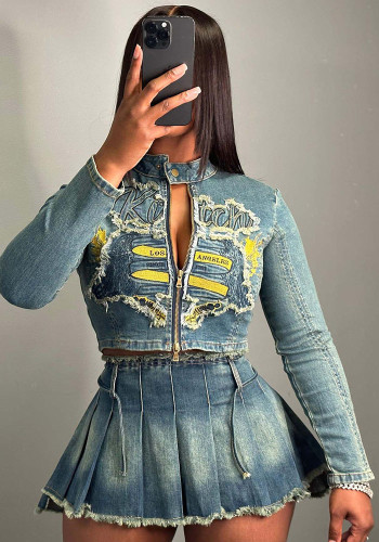 Stylish Embroidered Applique Denim Jacket Pleated Skirt 2PCS Set