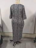 Plus Size V-Neck Print Loose Half Sleeve Slit Long Casual Dress