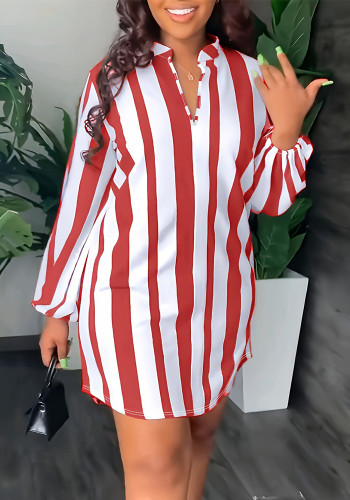 Plus Size Striped V-Neck Long Seeve Casual Blouse Dress