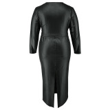 Plus Size Black PU Leather Long Sleeve V-Neck Top Maxi Skirt Set