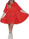 Sequin Half Sleeve Round Neck Ruffle Loose A-Line Casual Dress