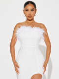 White Feather Strapless Sequin Low Back Slit Party Dress