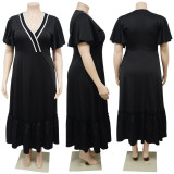 Plus Size Contrast V-Neck Ruffle Casual Long Dress