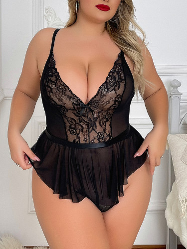 Plus Size Black Sexy Lingerie Lace Temptation Bodysuit