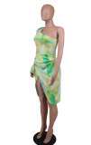 Print One-Sleeve Slash Shoulder Asymmetric Midi Dress