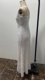 Sequin Sleeveless Slash Shoulder Slit Maxi Evening Dress