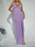 Purple V-Neck Slit Lace-Up Back Straps Elegant Maxi Dress