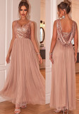 Sequin Bodice Sleeveless Maxi Dress V-Neck Chiffon Patchwork Evening Gown