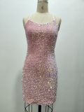 Pink Halter Sequin Sexy Mini Party Dress