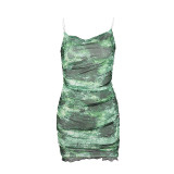 Mesh Overlay Sexy Tie Dye Print Low Back Strap Ruched Bodycon Dress