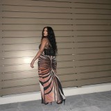 Printed Strapless Lace Up Back Sexy Slit Maxi Dress