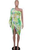 Print One-Sleeve Slash Shoulder Asymmetric Midi Dress