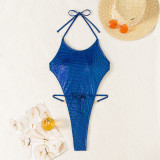 Sexy Blue Halter Backless One Piece Swimsuit