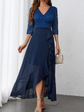 Lace Patchwork Half-Sleeve V-Neck Ruffles Chiffon Dress
