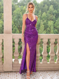 Sexy Sequin Low Back Purple Slit Evening Dress