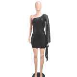 Sequin Black Slash Shoulder Party Bodycon Dress