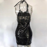 Sexy Patent PU Leather Halter Neck Sleeveless Backless Bodycon Dress