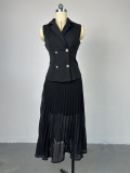 Turndown Collar Sleeveless Blazer Top and Pleated Skirt Casual 2 piece Set