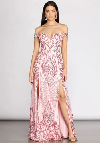 Sequin Pink Off Shoulder Slit 's Evening Dress