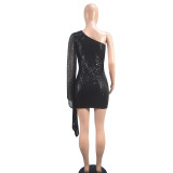 Sequin Black Slash Shoulder Party Bodycon Dress